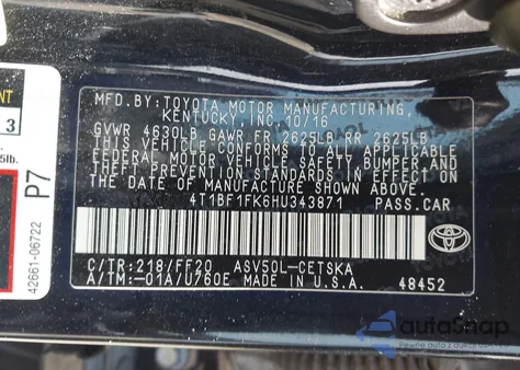 2017 Toyota Camry Se из США, поврежденный, VIN 4T1BF1FK6HU343871